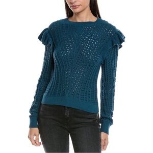 Nation LTD Kay Crochet Knit Ruffle Shoulder Pima Cotton Long Sleeve Sweater XS